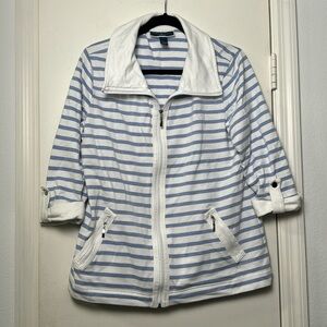 Karen Scott Sport Blue and White Striped 3/4 Sleeve Zip Up Sweater Size Large